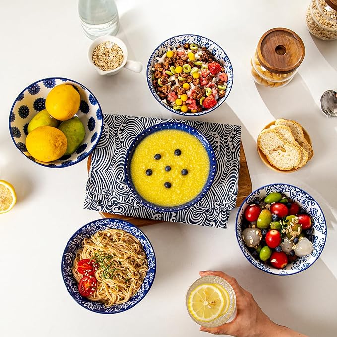 Ceramic Soup Bowls Set - 24 Oz Deep Cereal Bowl for Kitchen - 6 Inch Large Porcelain Dinner Bowl Eating Salad Pasta Dessert Oatmeal - Microwave Dishwasher Safe - Set of 6 - Vintage Blue