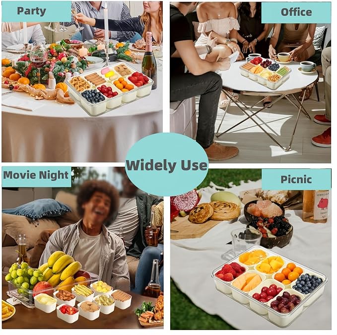 2 Pack Snackle Box Container, Divided Serving Tray with Lid & Handle, Portable Snack Box Food Organizer for Nuts,Candy,Fruits, Snack Platter with 8 Compartments&6 forks for Party, Picnic, Travel