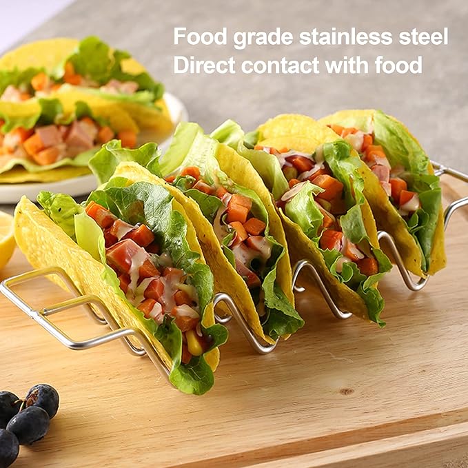 JIBOLAT Taco Holders set of 3,Stainless Steel Taco Shell Holder Stand,Taco Tray Plates for Taco Bar Gifts Accessories,Holds 4 Tacos Each,Oven Safe for Baking, Dishwa sher and Grill Safe