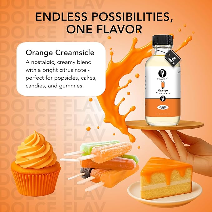 Dolce Flav Orange Creamsicle Extract - 2 Ounce Oil-Soluble Multipurpose Flavoring Ideal for Candy Making, Baking, Lip Balm, and Ice Cream - Perfect Kitchen Gift for Holidays