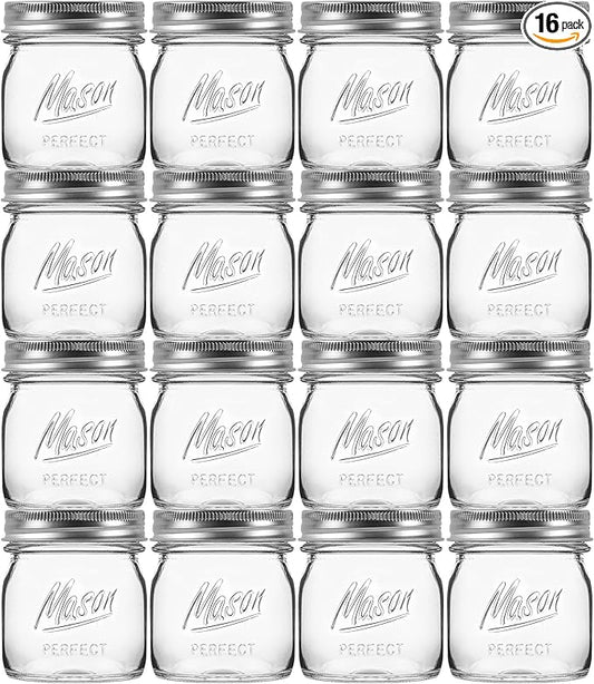 16 Pack 8 oz Mason Jars with Regular Airtight Lids - Glass Canning Jars 8 oz, Mini Mason Jars for Jam, Jelly, Honey, Overnight Oats, Party Favors, Shower Favor, Separable Lids