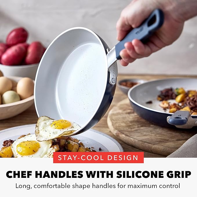 GreenPan x Bobby Flay 13 Piece Nonstick Cookware Pots and Pans Set, PFAS-Free Diamond Ceramic, Induction Suitable, Easy Clean Dishwasher & Oven Safe, Stay-Cool Silicone Handles, Glass Lids, Navy Blue