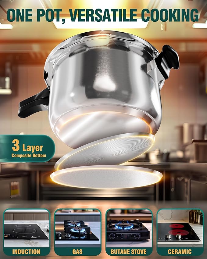 WantJoin Stainless Steel Pressure Cooker(Non-Aluminum),10 Quart Induction Compatible Pressure Cooker with Spring Valve Safeguard Devices,Compatible with Gas & Induction Cooker