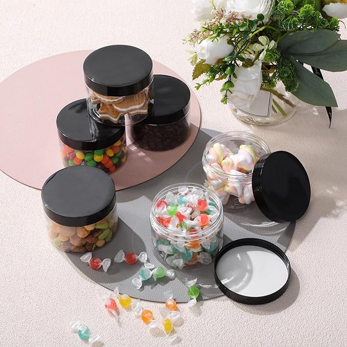 SATINIOR 6 Pack 10 oz Plastic Jars Containers with Lids Wide-mouth Refillable Leakproof Reusable Round Empty Jars for Travel Cosmetic Dry Food Spice Candy Cookie Home Kitchen Organizing(Black)