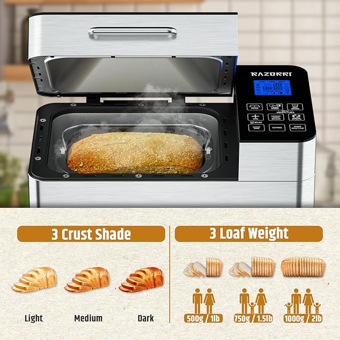 Razorri Bread Maker Machine Stainless Steel UL Certified, Nonstick Bread Pan, Homemade 2Lbs Breadmaker, Gluten-Free Setting, 15H Delayed-start, 1H Keep Warm, 3 Crust Colors and 3 Loaf Sizes