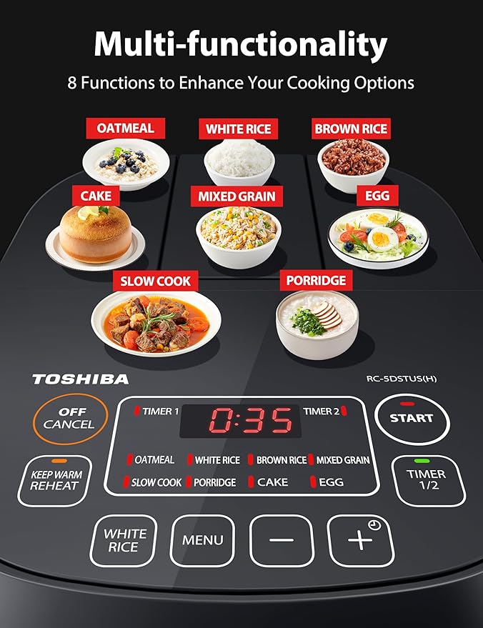 TOSHIBA Rice Cooker Small 3-Cup Uncooked– LCD Display with 8 Cooking Functions: Rice, Oatmeal, Mixed Grains and More, NonStick Inner Pot, Grey