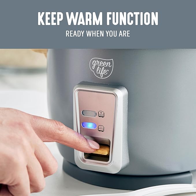 GreenLife Electric Rice Cooker, 3-Cups Uncooked/6-Cups Cooked, Removable PFAS-Free Nonstick Pot, One-Switch Design, Auto Keep Warm, Small Space Saving, Rice Paddle, Soup, Grains, Oatmeal, 1.5 QT, Grey