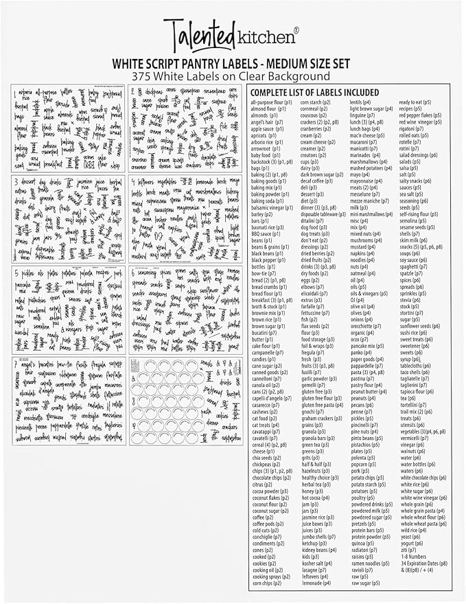 Talented Kitchen Pantry Labels for Containers (375 Pack) - White Script Pantry Stickers for Organizing Food Containers, Jars, Storage, and Bins (Water Resistant)