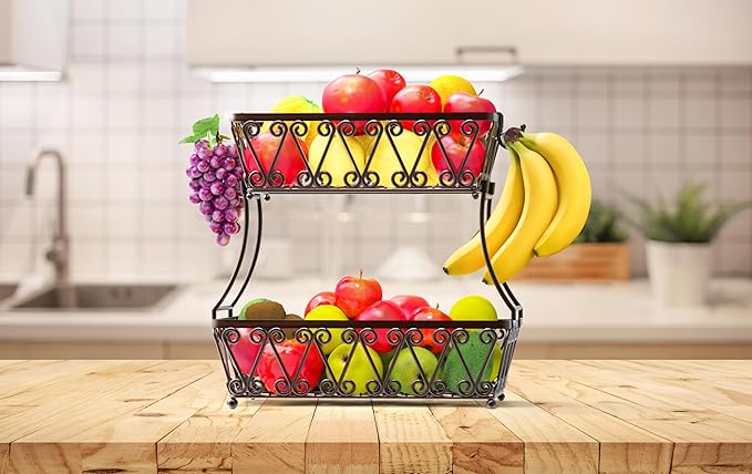 Simple Houseware 2-Tier Countertop Fruit Basket Bowl Storage, Bronze