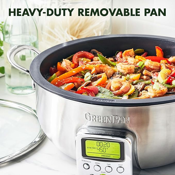 GreenPan Elite 6QT Electric Skillet, Sear Saute Stir-Fry Cook Rice, Healthy Ceramic Nonstick, Dishwasher Safe Parts, Easy-to-use LED Display, PFOA and PFA Free, Smart Pot, Stainless Steel