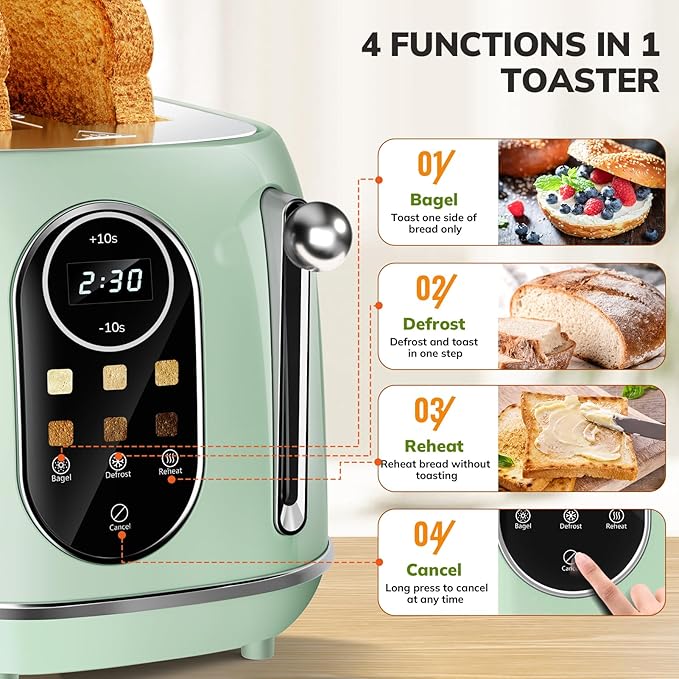 Keenstone Smart Touch Screen Toaster 2 Slice, Retro Wide Slot Stainless Steel Toaster with 6 Browning Levels, Reheat & Defrost, for Bagel, Toast, Bread, Removable Crumb Tray, Green