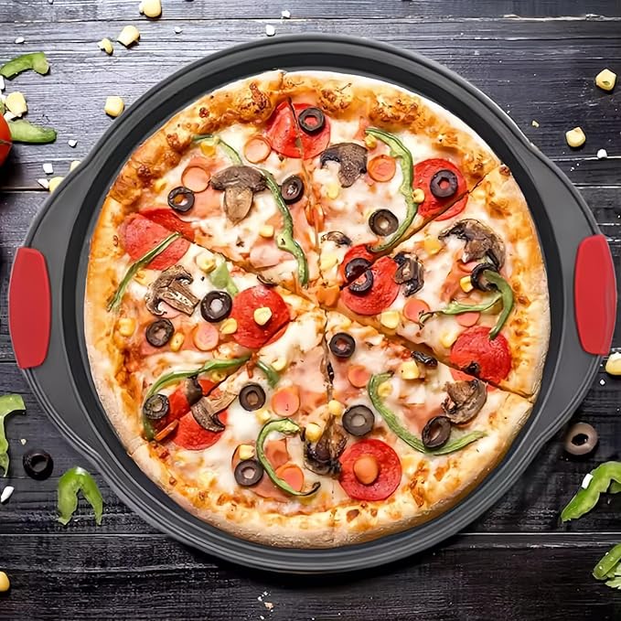 13 Inch Pizza Pan for Oven, Round Pizza Pan with Holes - Non-Stick Carbon Steel Pizza Tray with Silicone Handles - for Cooking, Baking, and Grilling - Dishwasher Safe