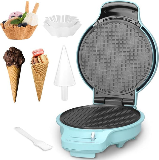 Baker's Friend Waffle Cone Maker Machine with Browning Control, Nonstick Waffle Bowl Maker, 7.5” Ice Cream Cone Maker, Thin Waffle Maker Crispy, Cone Roller & Bowl Press Included, Aqua