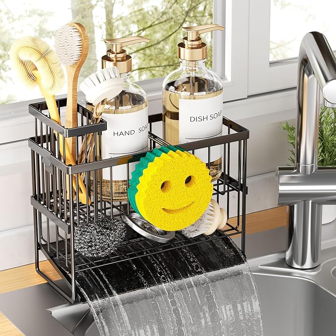 Sponge Holder for Kitchen Sink, 2 Tier Smiley Face Sink Caddy Organizer with High Brush Holder, Self-Draining Sponge Holder for Sinks, Soap Dispenser Organizer, Rustproof 304 Stainless Steel