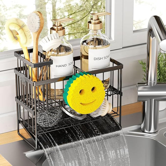 Sponge Holder for Kitchen Sink, 2 Tier Smiley Face Sink Caddy Organizer with High Brush Holder, Self-Draining Sponge Holder for Sinks, Soap Dispenser Organizer, Rustproof 304 Stainless Steel