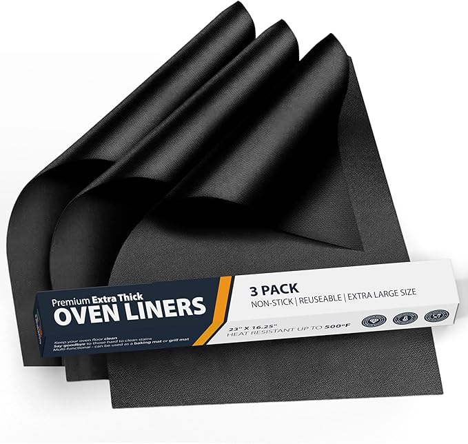 Oven Liners for Bottom of Oven - 3 Pack Large Heavy Duty Mats, 16.25”x23” Non-Stick Reusable Liner for Electric, Gas, Toasters, Grills - BPA & PFOA Free Kitchen Accessory to Keep It Clean (Black)