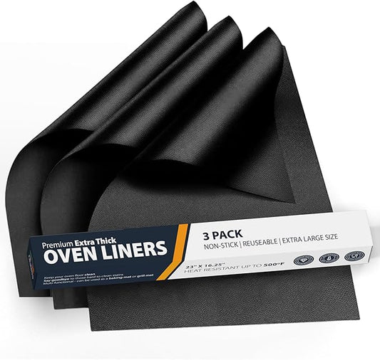 Oven Liners for Bottom of Oven - 3 Pack Large Heavy Duty Mats, 16.25”x23” Non-Stick Reusable Liner for Electric, Gas, Toasters, Grills - BPA & PFOA Free Kitchen Accessory to Keep It Clean (Black)