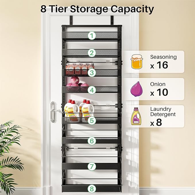 Over the Door Pantry Organizer - 8 Tier Adjustable Hanging Door Spice Rack, Large Capacity for Kitchen Pantry Storage (Black)