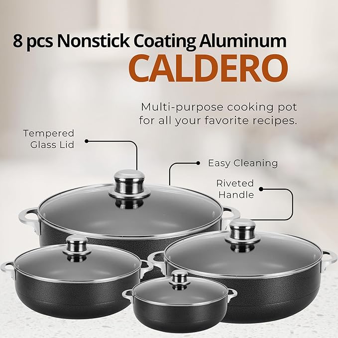 Alpine Cuisine 8-Piece Nonstick Aluminum Caldero Cookware Set with Glass Lids | Durable Pots for Stew & Rice, Easy Clean, 2, 3.5, 7, 13 Quart, Black