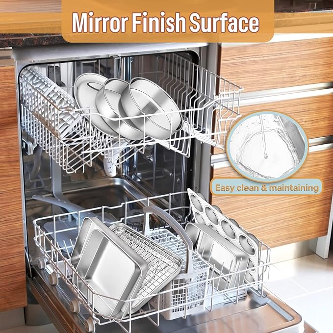 E-far 10-Piece Baking Pans set, Stainless Steel Bakeware Set for Oven, Include Cake Pan/Baking Cookie Sheet/Pizza/Muffin/Loaf Pan, Non-Toxic & Heavy Duty, Dishwasher Safe