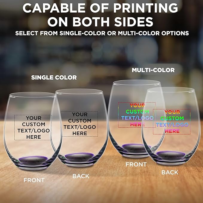 Custom Stemless Wine Glasses in Bulk by ARC Perfection, 15 oz, 10 pack, Personalized Text, Logo, Purple or White Wine Glass Set, Purple