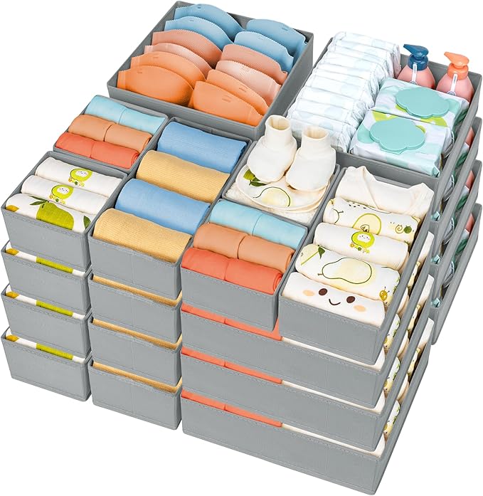 DIMJ Drawer Organizer Clothes, 24 Pack Dresser Organizer, Foldable Closet Organizers and Storage, Fabric Dresser Drawer Organizers, Drawer Dividers for Nursery, Baby Clothes, Underwears, Sock