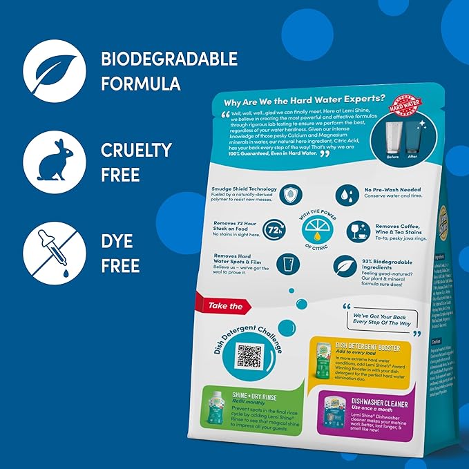 Lemi Shine Natural Dishwasher Detergent Pods + Dishwasher Cleaner 1 ct | All-In-One Powder & Gel Pods with Powerful Citric Acid | Eco Friendly Dish Wash Cleaning Supplies - 65 Count