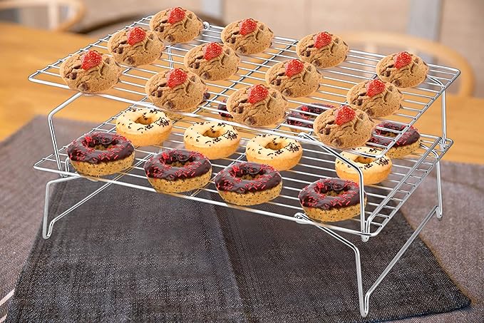 P&P CHEF Cooling Rack Set of 2, 2-Tier Stackable Stainless Steel Wire Racks for Baking Cooking Cooling Roasting, Collapsible & Heavy Duty, Oven Safe & Easy Clean, 15" x 10", Silver