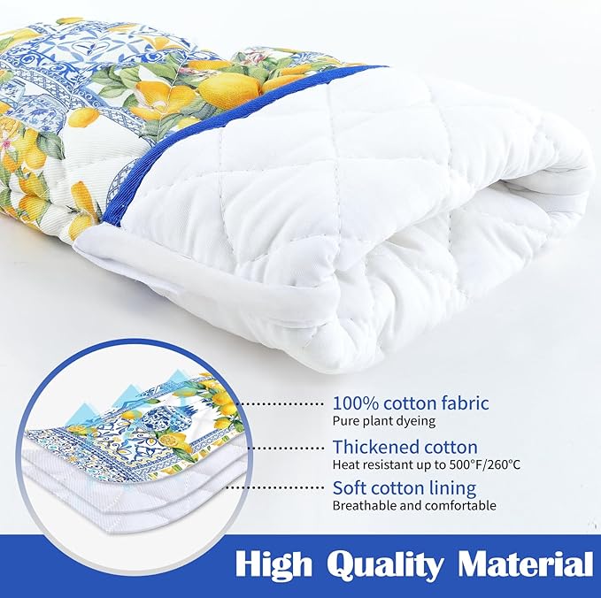 Yellow Lemon Oven Mitts and Pot Holders Sets 2Pcs, 100% Cotton Heat Resistant, Extra Long Oven Gloves Potholder for Kitchen Cooking Baking Decoration