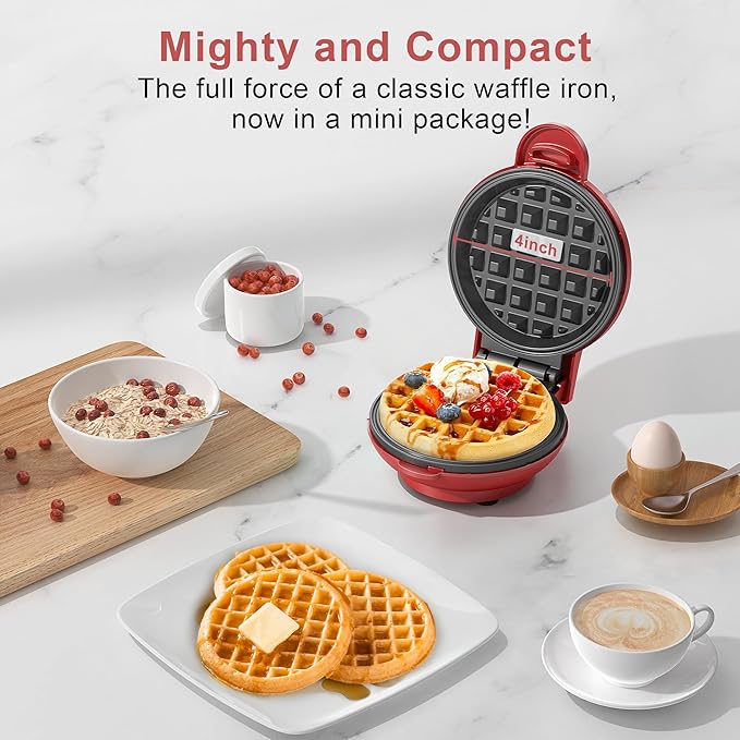 CROWNFUL Mini Waffle Maker Machine, 4 Inch Chaffle Maker with Compact Design, Easy to Clean, Non-Stick Surface, Recipe Guide Included, Perfect for Breakfast, Dessert, Sandwich, or Other Snacks (Red)