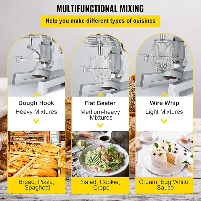 Happybuy 20Qt Commercial Food Mixer with Timing Function， Commercial Mixer 1100W Stainless Steel Bowl Heavy Duty Electric Food Mixer Commercial with 3 Speeds Adjustable, Perfect for Bakery Pizzeria