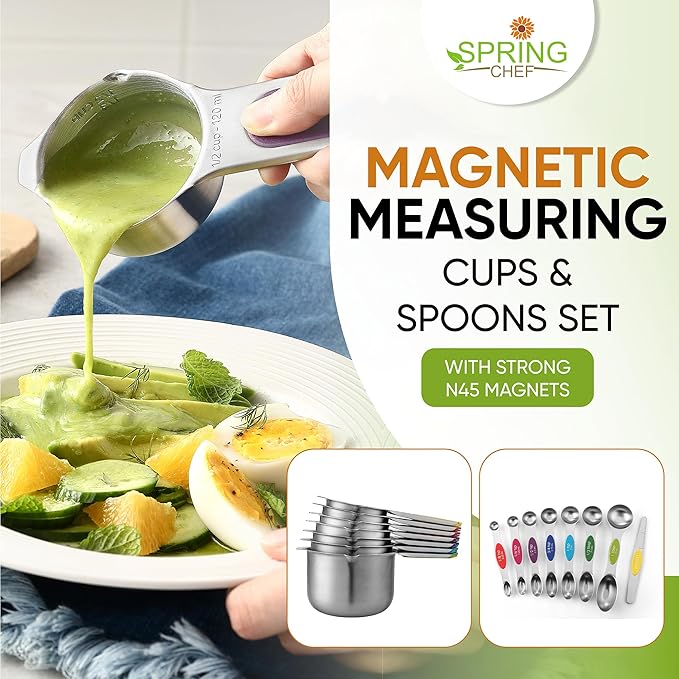 Spring Chef Magnetic Measuring Cups & Spoons Set (Patent Pending), Strong N45 Magnets, Heavy Duty Stainless Steel Fits in Spice Jars for Baking & Cooking, BPA Free, Set of 15 with Leveler, Multicolor