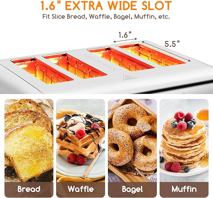 Aigostar Toaster 4 Slice 1.6" Wide Slot Stainless Steel Toasters with Bagel, Reheat, Cancel, Defrost Function, 6 Shade Settings, Removable Crumb Tray, 1550W, Best Rated Prime 4 Slice Toasters