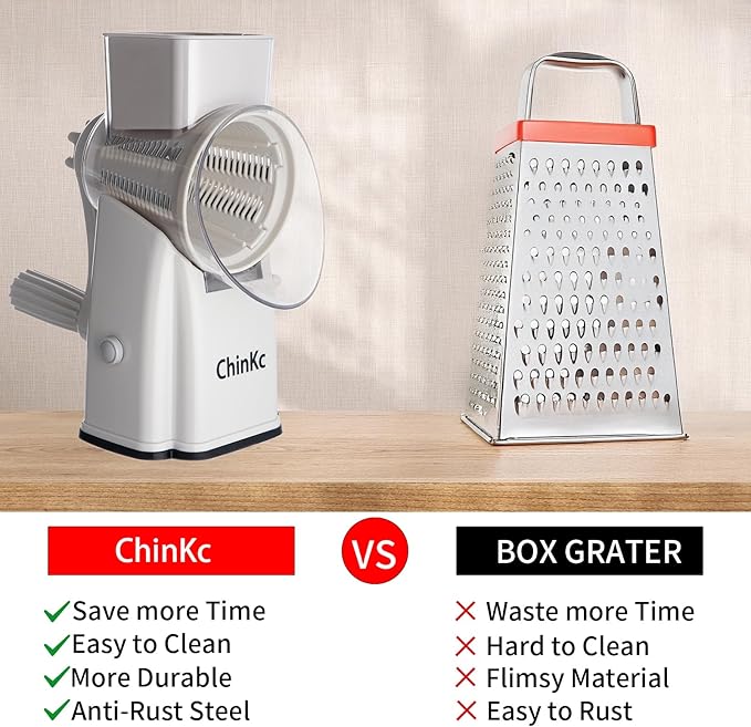 Rotary Cheese Grater Shredder - Upgraded 5 in 1 Cheese Grater with Handle and Strong Suction Base, Multi-purpose Julienne Slicer Ice Shaver Nuts Grinder for Ice, Vegetables, Fruit, Nuts