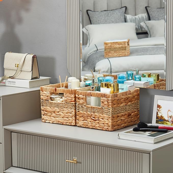 Hand-woven Water Hyacinth Baskets, Pantry Organizers and Storage with Handles, Decorative Wicker Baskets for Organizing Shelves, Laundry (10x8.5x7in 2-Pack, Natural Hyacinth)