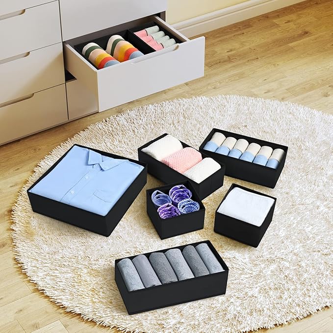 DIMJ Drawer Organizer 15 Pack - Foldable Baby Organizers and Storage & Dresser Organizer for Nursery, Bedroom, Closet - Nursery Organization Dresser Dividers for underwear, Sock,Bra, Belt, Tie，Black