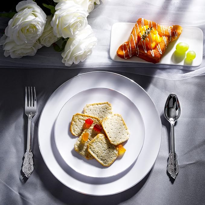 KIRE 100PCS Silver Plastic Plates - Heavy Duty White Disposable Plates with Silver Rim for Party/Wedding - Include 50Pcs 10.25inch Dinner Plates and 50Pcs 7.5inch Dessert Plates