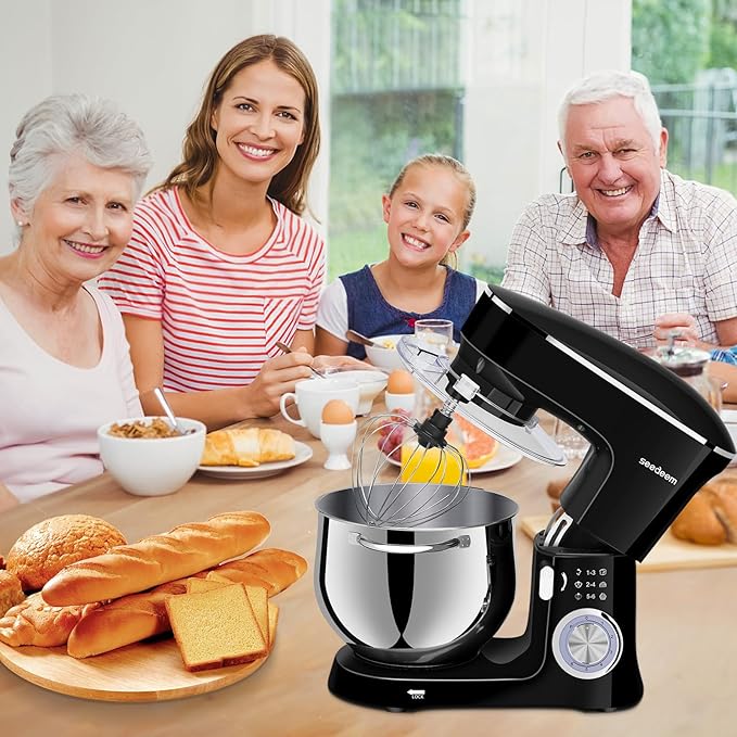 SEEDEEM 8.5 Qt Stand Mixer, 660W 6+P Speeds Electric Stand Mixer, Tilt-Head Kitchen Mixer with Dishwasher-Safe Dough Hook, Wire Whip & Beater for dough mixer Baking Daily Use, Black