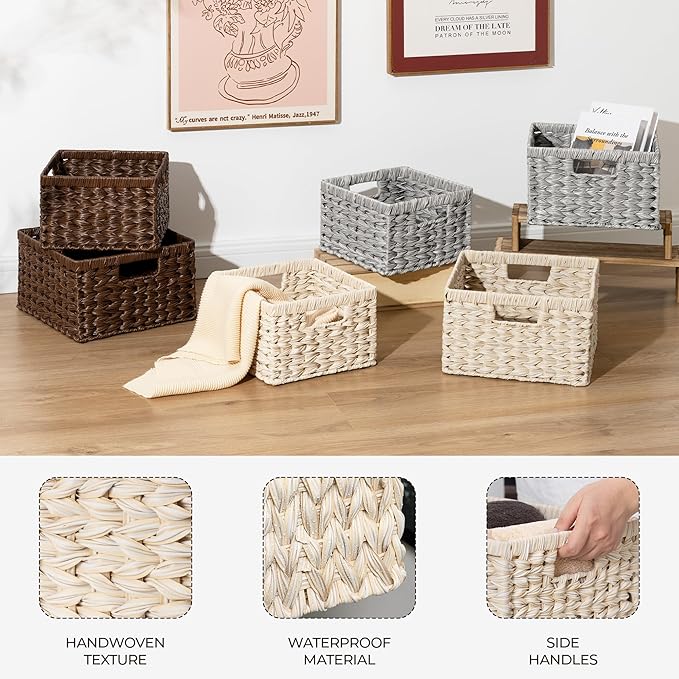GRANNY SAYS Wicker Baskets for Organizing, Storage Basket for Shelves, Square Shelf Baskets with Handles, Waterproof Woven Basket for Living Room, Baskets for Entryway, Butter Milk