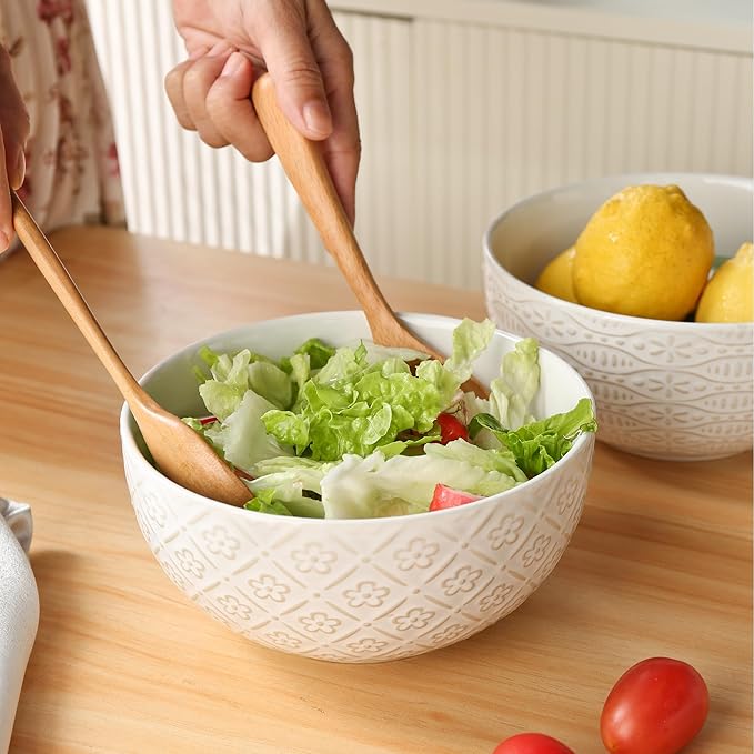 40 OZ Large Cereal Bowls Set of 4, Farmhouse Embossment Ceramic Salad Bowls for Soup, Serving, Fruit, Snack, Noodle, Ramen, Pho, Microwave & Dishwasher Safe, 6.7 Inch White