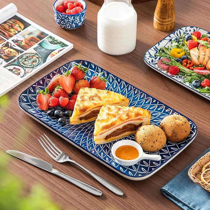 vancasso Serving Platters Set of 3, 16"/14"/12" Inch Rectangular Trays - Serving Platter Extra Large, Ceramic Serving Dish Microwave & Dishwasher Safe (Vintage Blue A)