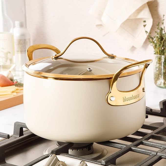 bloomhouse - Oprah's Favorite Things - 6 Quart Heavy Duty Aluminum Premium PFA Free Ceramic Nonstick Dutch Oven Pot with Lid - Almond Cream w/Gold Handle
