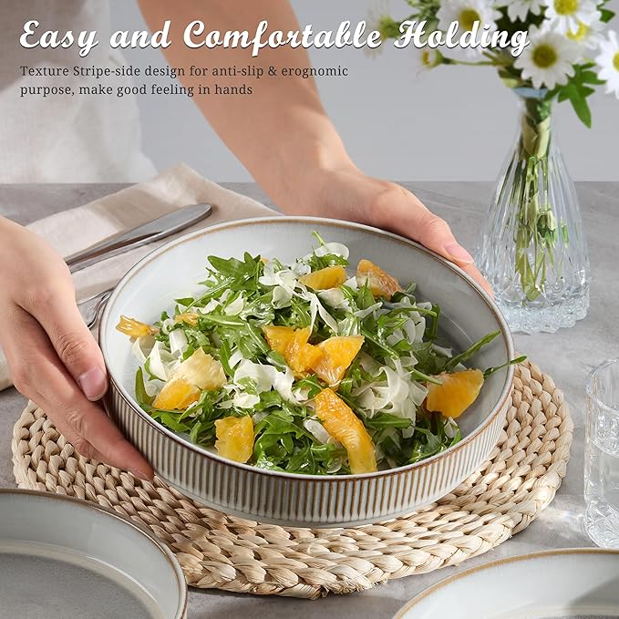 E-far Pasta Bowls Set of 4, 35oz Large Salad Bowl Plate for Dinner Serving Soup, Wide & Shallow Ceramic Stoneware Pasta Plates, Microwave & Dishwasher Safe, Reactive Glaze Texture-Stripe, Creamy Beige