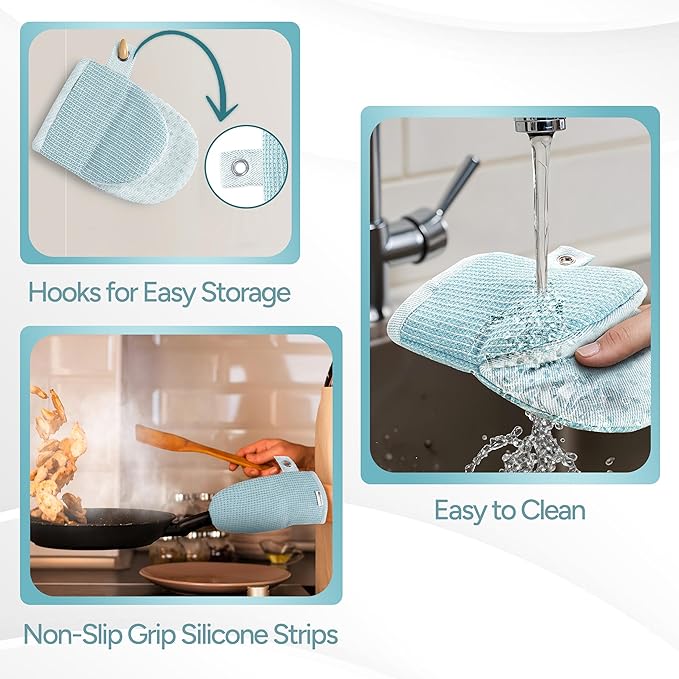 Casa Platino Silicone Oven Mitts & Pot Holders, 4-Piece – Oven Mitt for Baking & BBQ, Pot Holders for Kitchen, Hot Dishes & Microwave – Heat Resistant Up to 500°F, Non-Slip & Machine Washable – Aqua