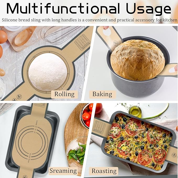 Silicone Bread Sling for Dutch Oven, 2 PCS Non-Stick & Easy Clean Reusable Silicone Bread Baking Mat with Long Handles, Easy to Transfer Sourdough Bread(Grey), medium, Gray