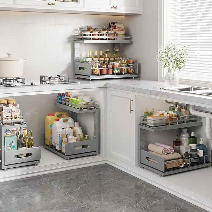 1 Pack Under Sink Organizer Upgrade to Professional Rails,2-Tier Dual Pull Out Cabinet Storage,Height Adjustable Slide Out Drawers for Bathroom Kitchen,Under Sink Shelf-Gun Gray