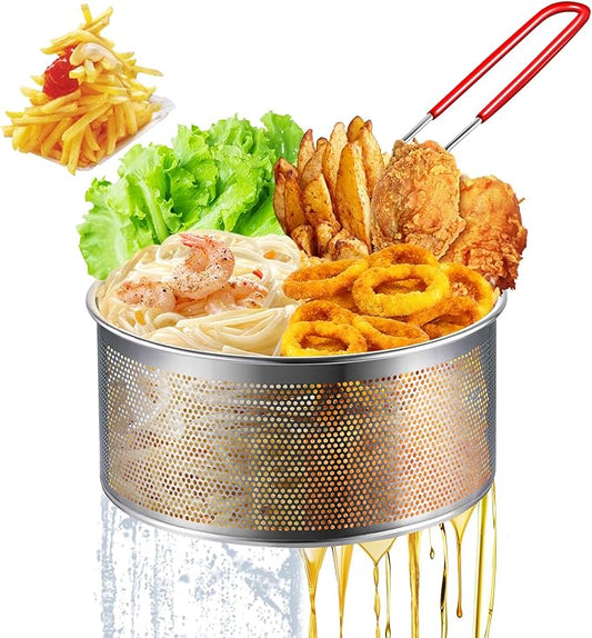 Deep Fryer Basket, 7.8''x4'' Fry Only, Round Stainless Steel Frying Baskets with Heat Resistant Silicone Handle, for Kitchen Cooking Strainer Colander, Serving Food, Ideal for Gift, 3-Quart
