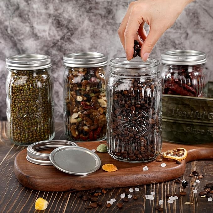 12 Pack 32 oz Wide Mouth Mason Jars with Airtight Lids - Glass Canning Jars for Food Preservation, Storage, Pickling, Crafts & DIY Projects, Durable Quart Glass Jars Dishwasher Safe