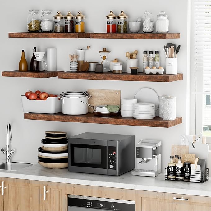 Fun Memories Floating Shelves - 12 Inch Rustic Wooden Wall Shelves - Extra Deeper & Thicker Wall Mounted Storage Shelf for Living Room, Kitchen, Farmhouse - 48" W x 12" D x 1.8" H - Brown