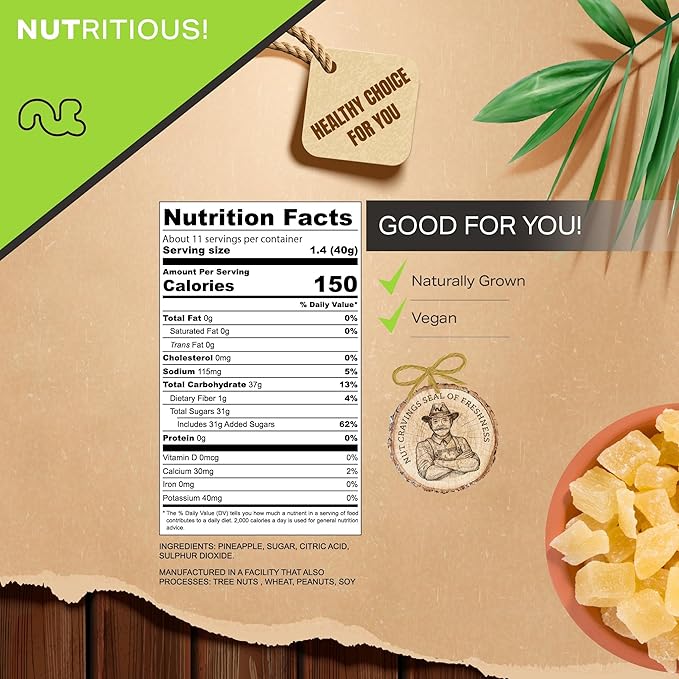 NUT CRAVINGS - Sun Dried Pineapple Chunks, Lightly Sweetened (16oz, 1 LB) Bulk Dry Fruits Packed Fresh in Resealable Bag - Sweet Healthy Snack, Naturally Grown, Vegan, Kosher